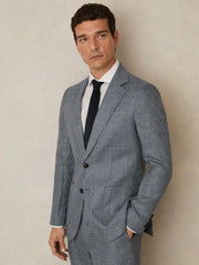 Men Slim Fit Single Breasted Linen Check Suit Blazer in Soft Blue