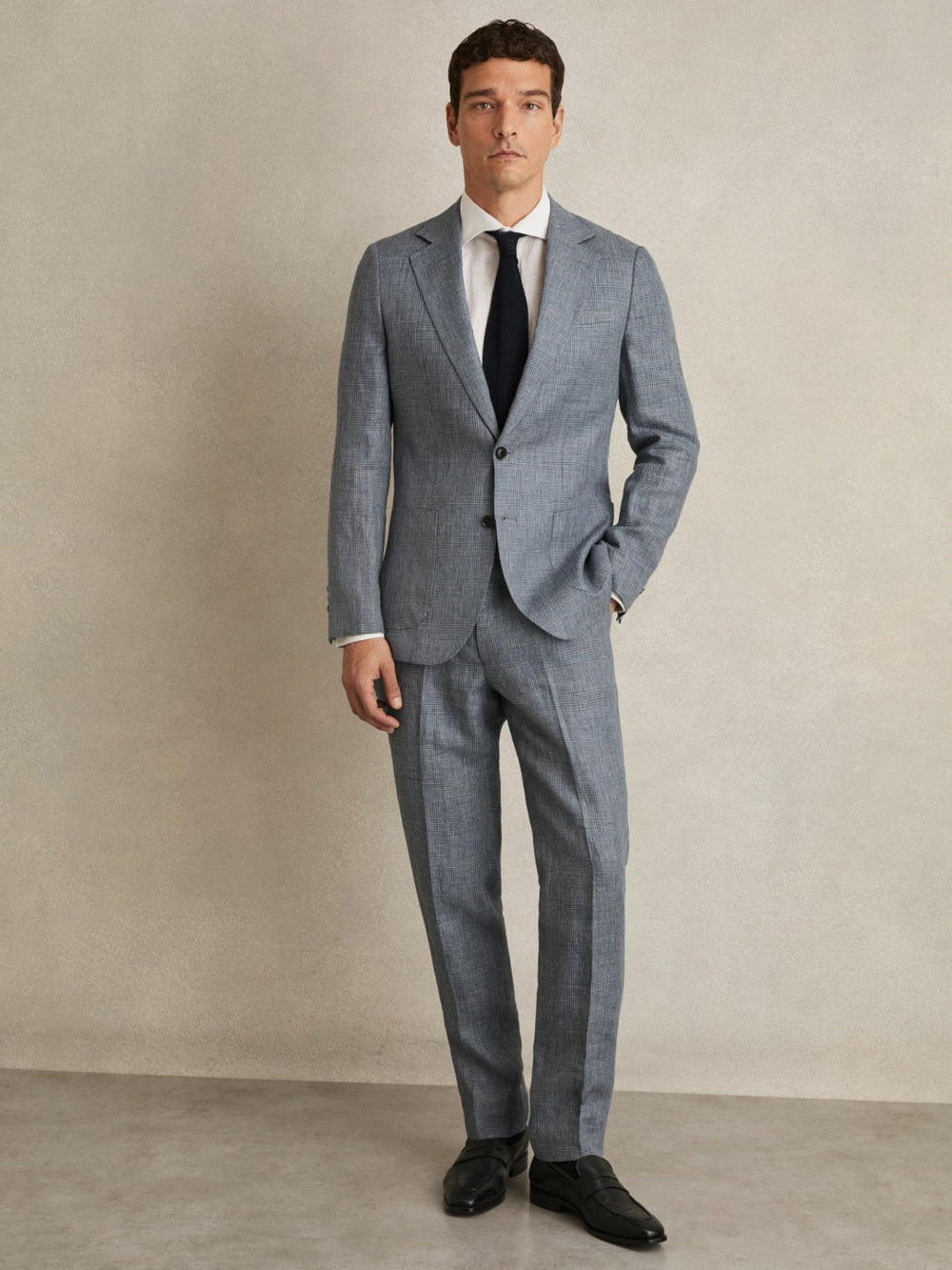 Men Slim Fit Single Breasted Linen Check Suit Blazer in Soft Blue