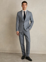Men Slim Fit Single Breasted Linen Check Suit Blazer in Soft Blue