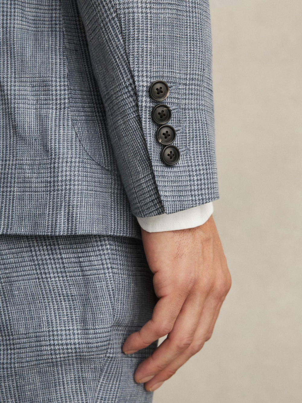 Men Slim Fit Single Breasted Linen Check Suit Blazer in Soft Blue