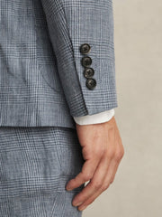 Men Slim Fit Single Breasted Linen Check Suit Blazer in Soft Blue