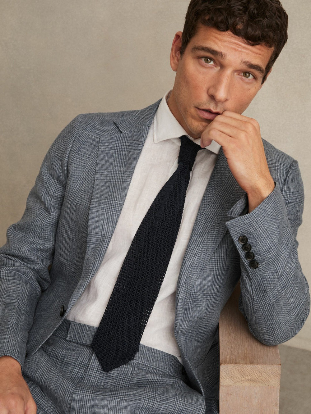 Men Slim Fit Single Breasted Linen Check Suit Blazer in Soft Blue
