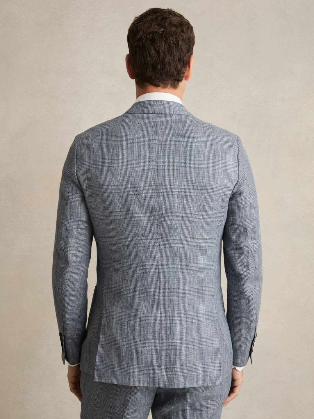 Men Slim Fit Single Breasted Linen Check Suit Blazer in Soft Blue