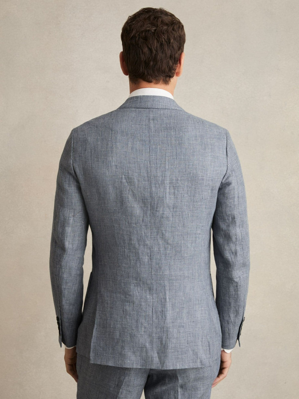 Men Slim Fit Single Breasted Linen Check Suit Blazer in Soft Blue