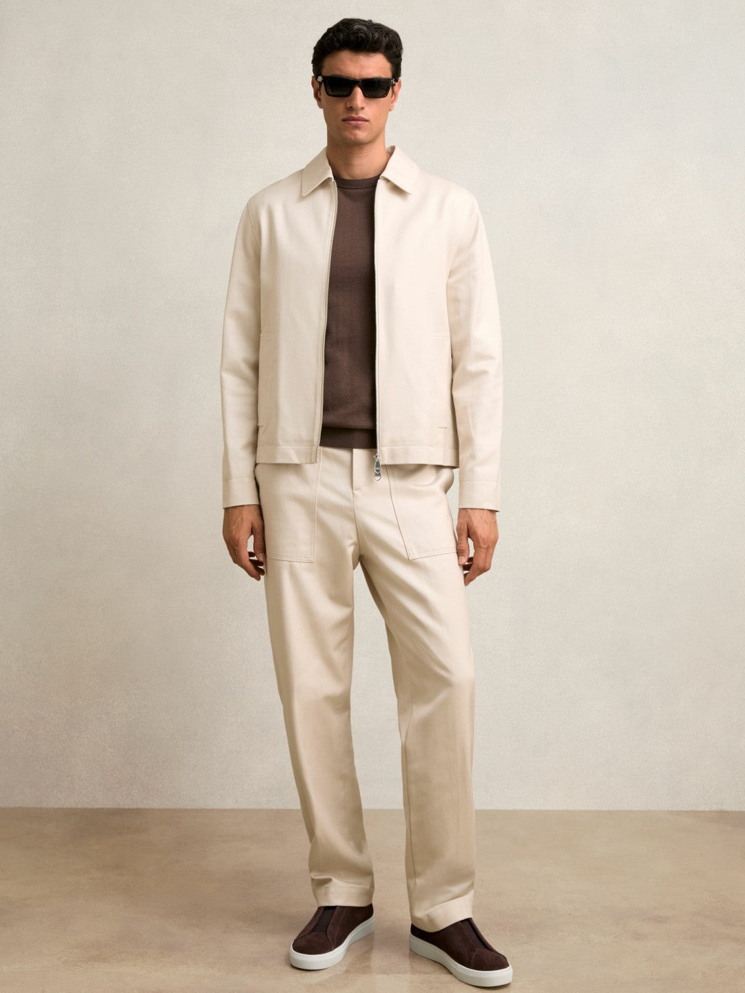 Men Lyocell-Cotton Zip-Through Twill Jacket in Ecru