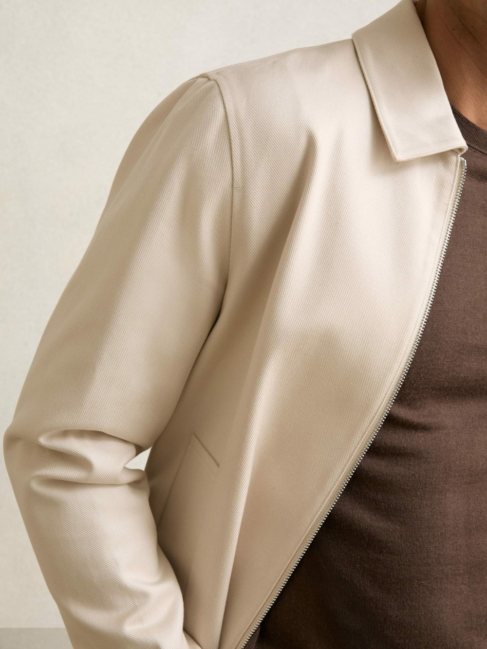 Men Lyocell-Cotton Zip-Through Twill Jacket in Ecru