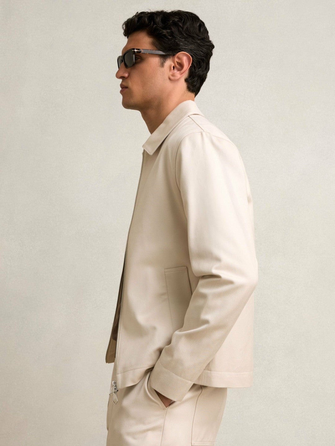 Men Lyocell-Cotton Zip-Through Twill Jacket in Ecru