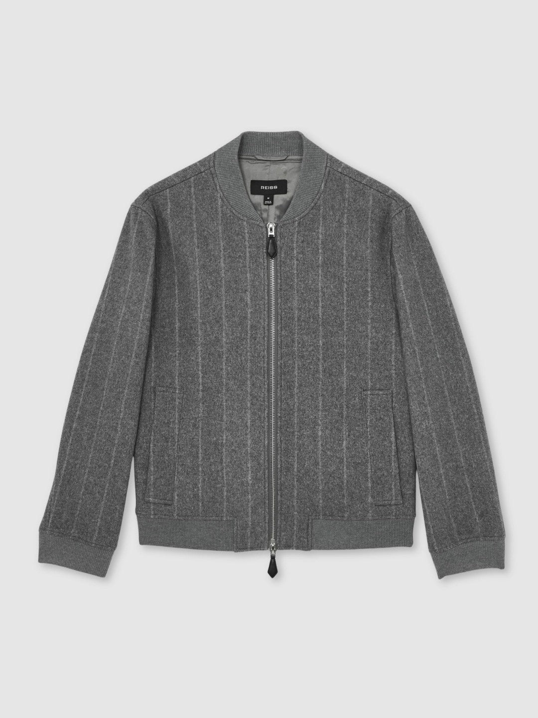 Men Wool-Blend Chalk-Stripe Bomber Jacket in Grey