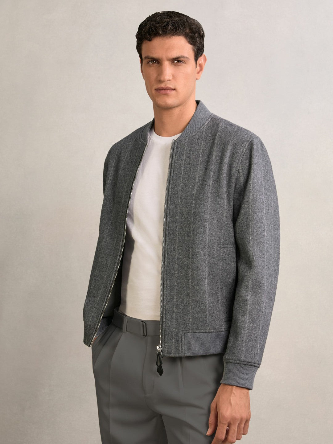 Men Wool-Blend Chalk-Stripe Bomber Jacket in Grey
