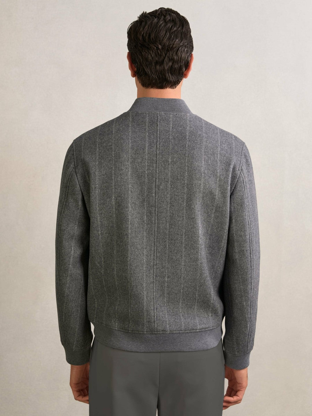 Men Wool-Blend Chalk-Stripe Bomber Jacket in Grey