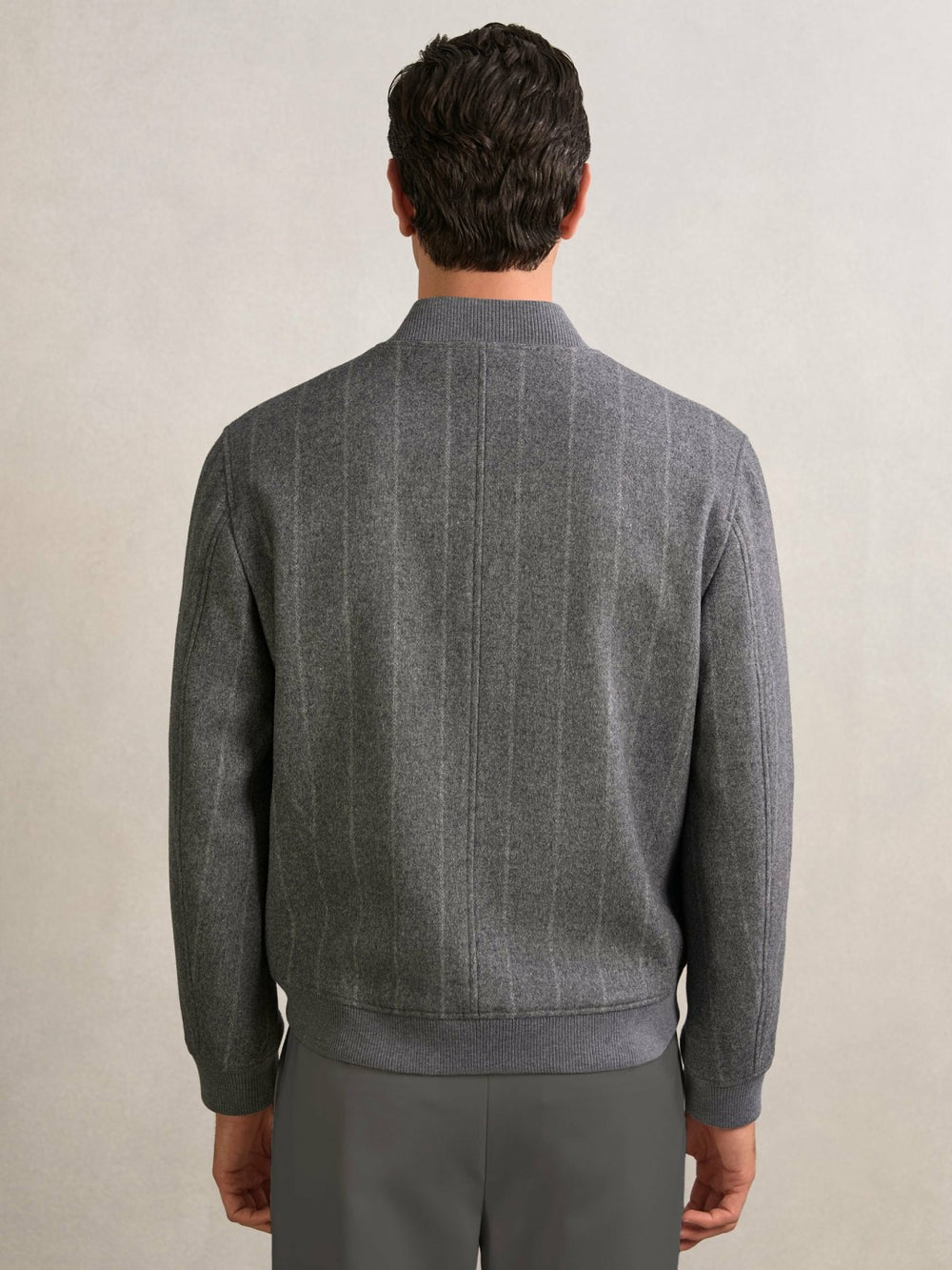 Men Wool-Blend Chalk-Stripe Bomber Jacket in Grey