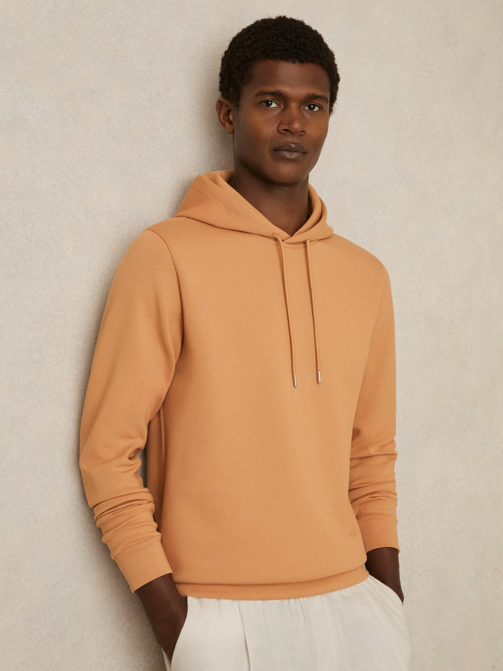 Men Interlock Jersey Drawstring Hoodie in Light Camel Brown