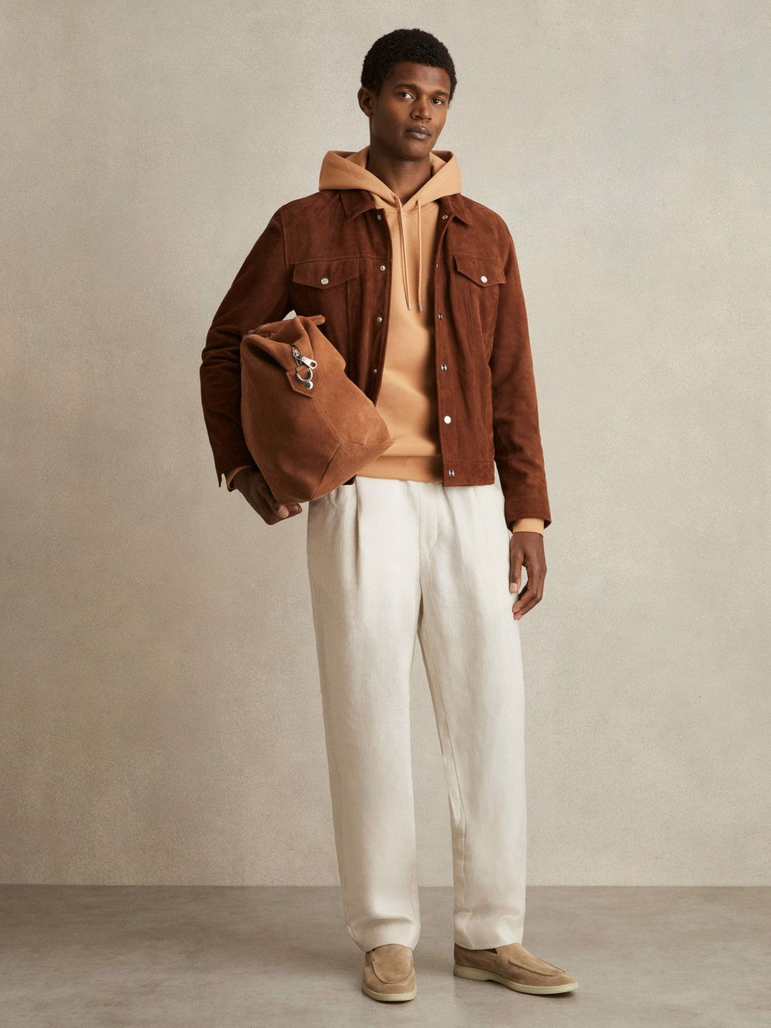 Men Interlock Jersey Drawstring Hoodie in Light Camel Brown