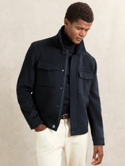 Men Wool Blend Twin Pocket Zipped Jacket in Navy