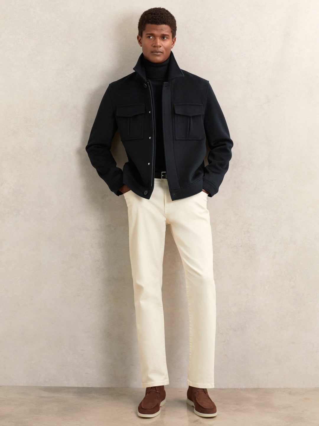 Men Wool Blend Twin Pocket Zipped Jacket in Navy