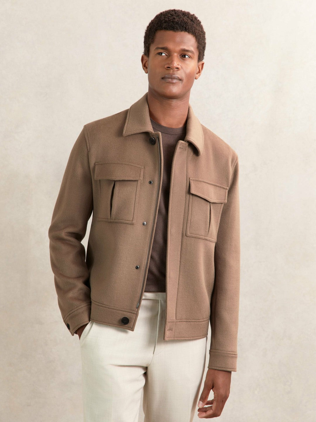 Men Wool Blend Twin Pocket Zipped Jacket in Dark Brown