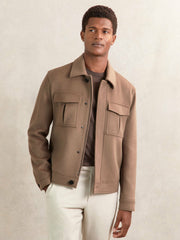 Men Wool Blend Twin Pocket Zipped Jacket in Dark Brown