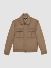 Men Wool Blend Twin Pocket Zipped Jacket in Dark Brown