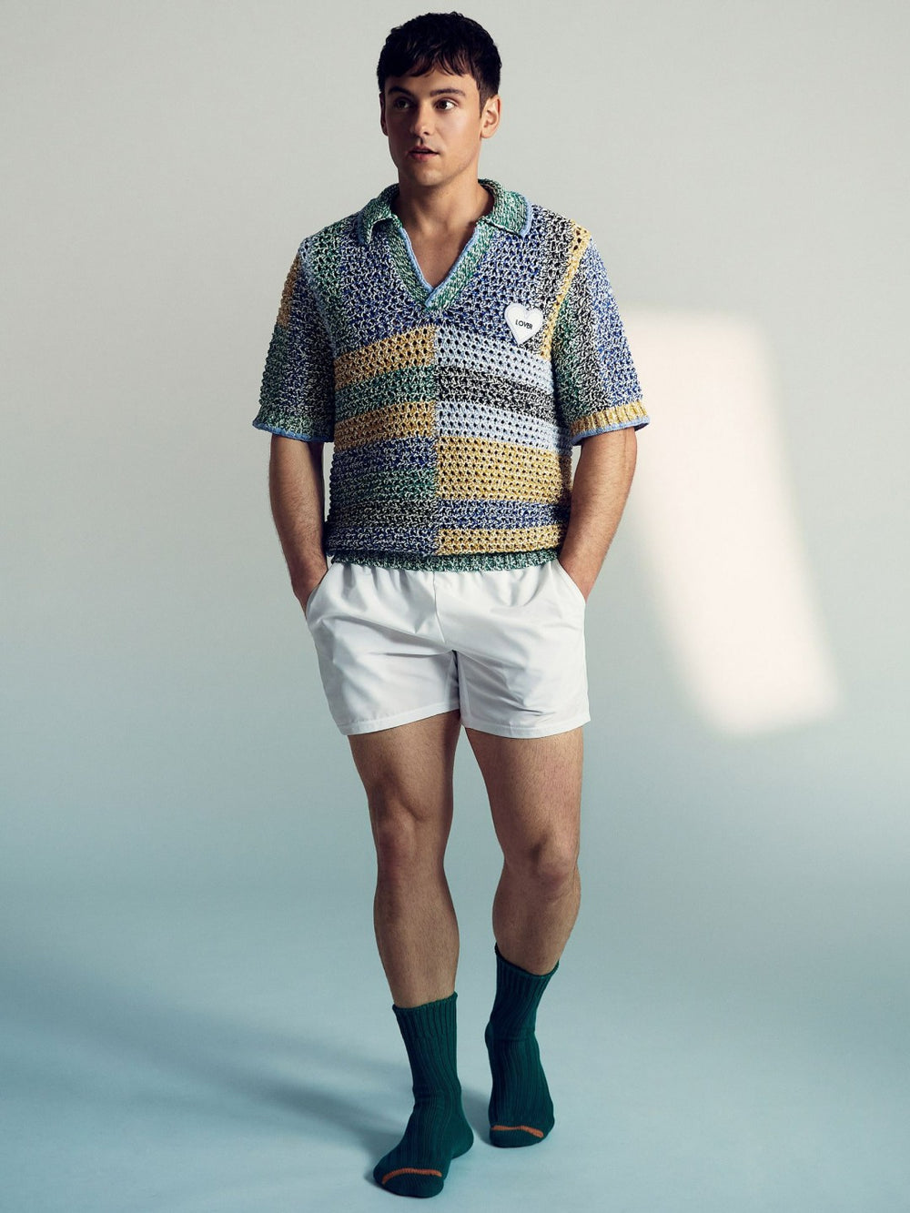 Men | Tom Daley Crochet Polo Shirt in Yellow/Green/Blue Multi