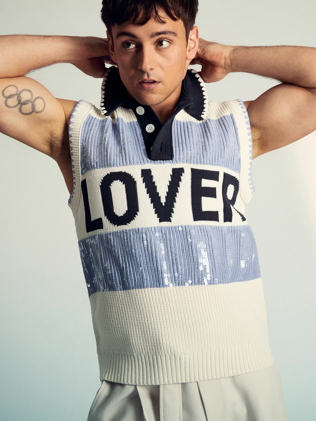 Men | Tom Daley Stripe Polo Vest in Soft Blue