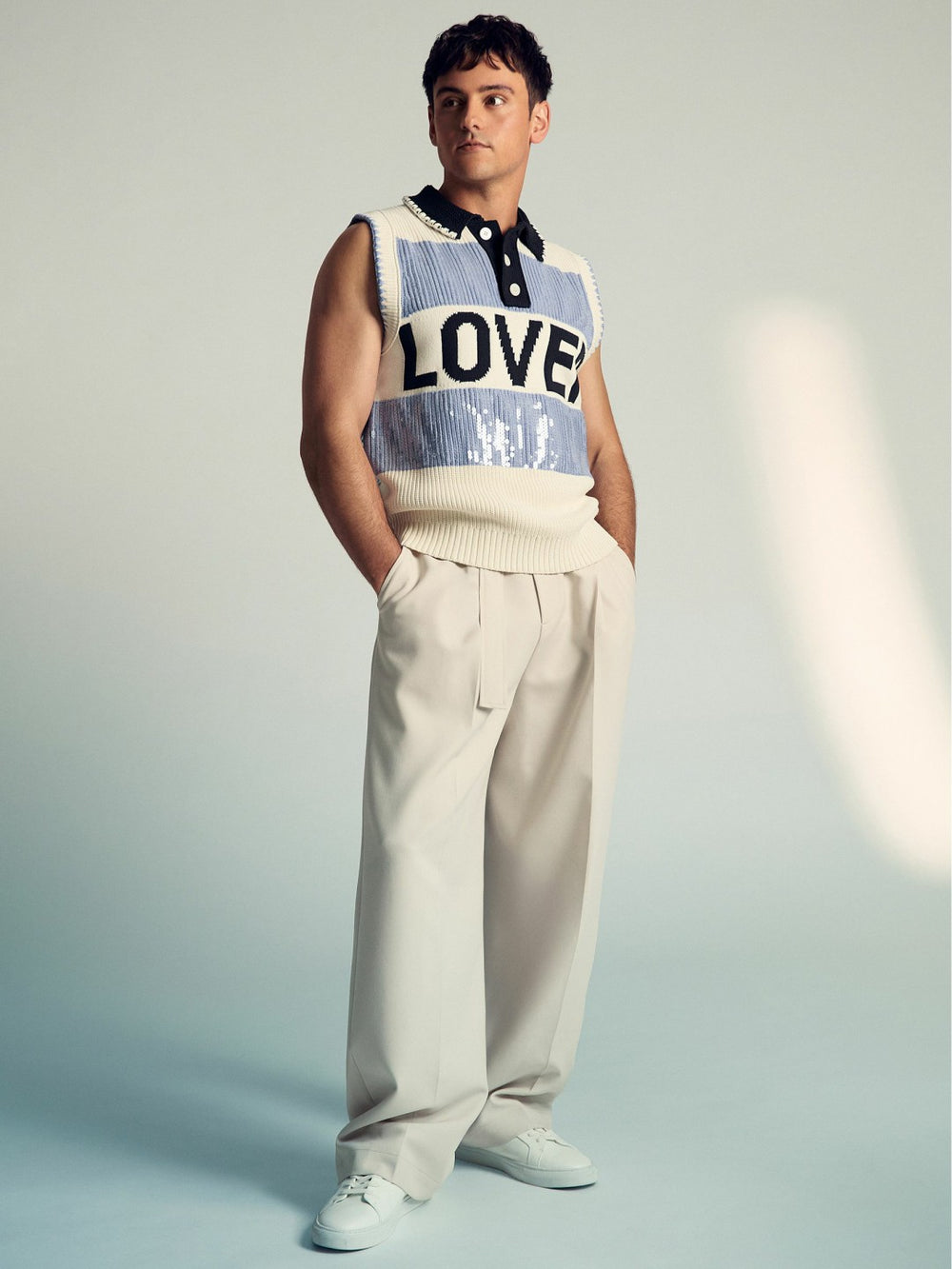 Men | Tom Daley Stripe Polo Vest in Soft Blue
