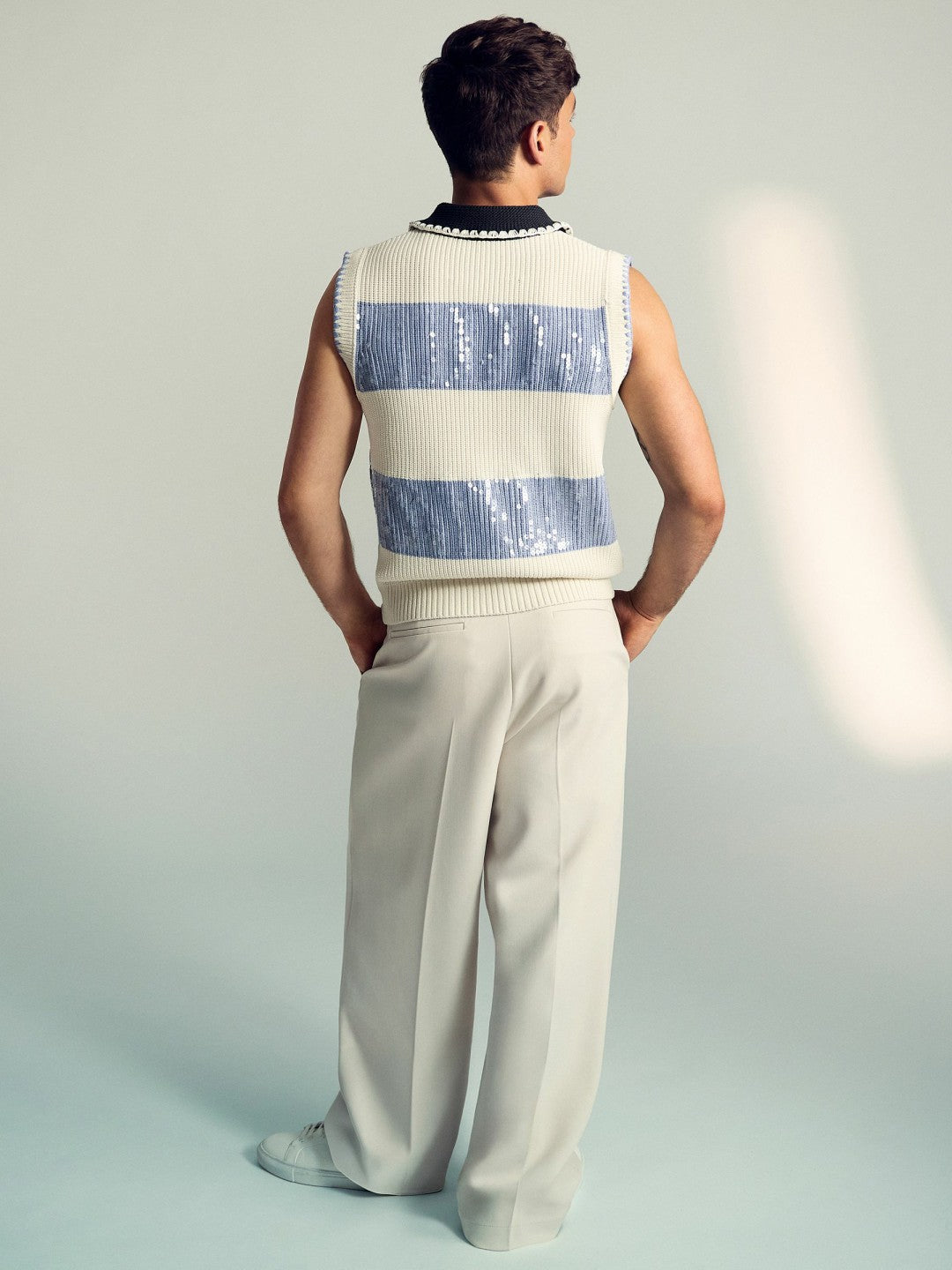 Men | Tom Daley Stripe Polo Vest in Soft Blue