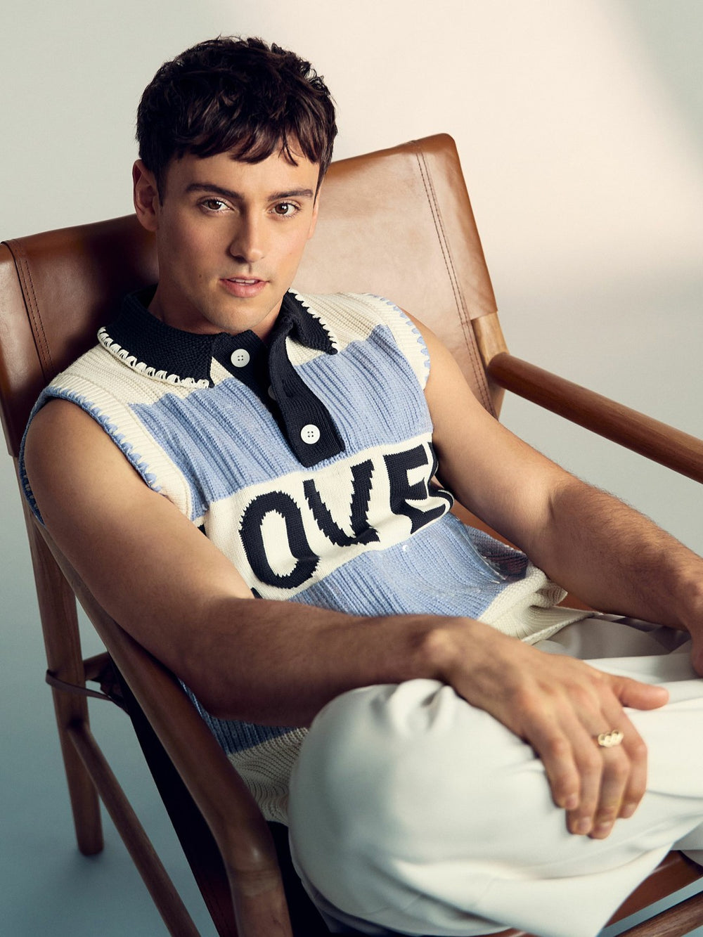 Men | Tom Daley Stripe Polo Vest in Soft Blue