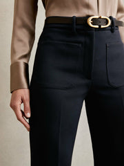 Women Petite Twill Patch-Pocket Flared Trousers in Navy