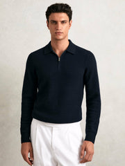 Men Wool Waffle-Knit Half-Zip Polo Shirt in Navy