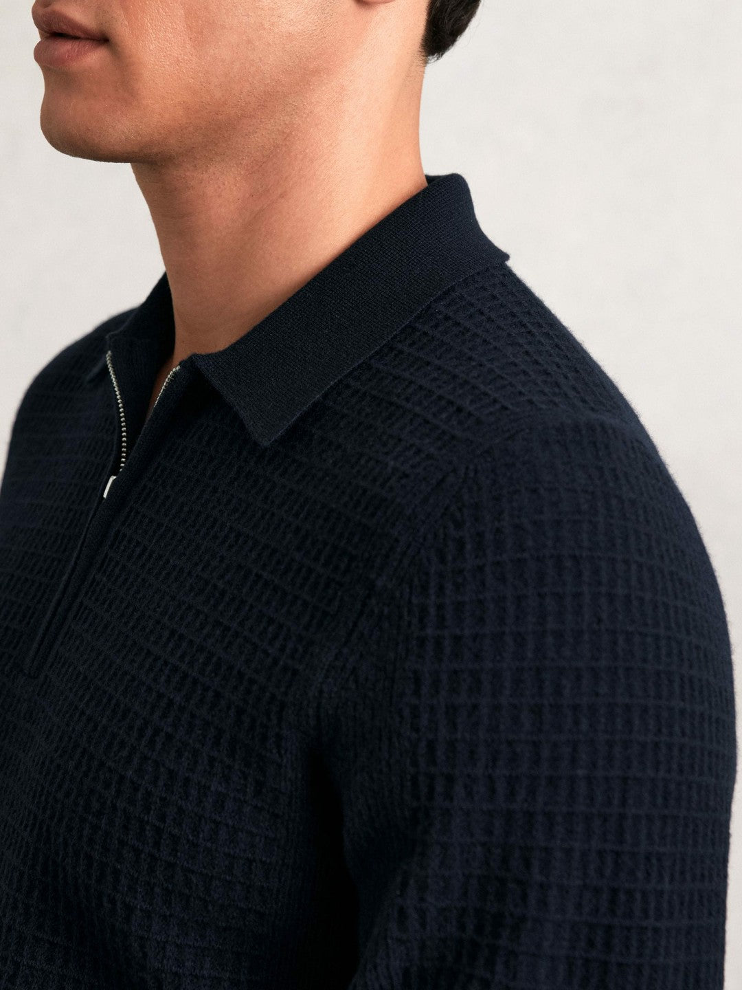 Men Wool Waffle-Knit Half-Zip Polo Shirt in Navy
