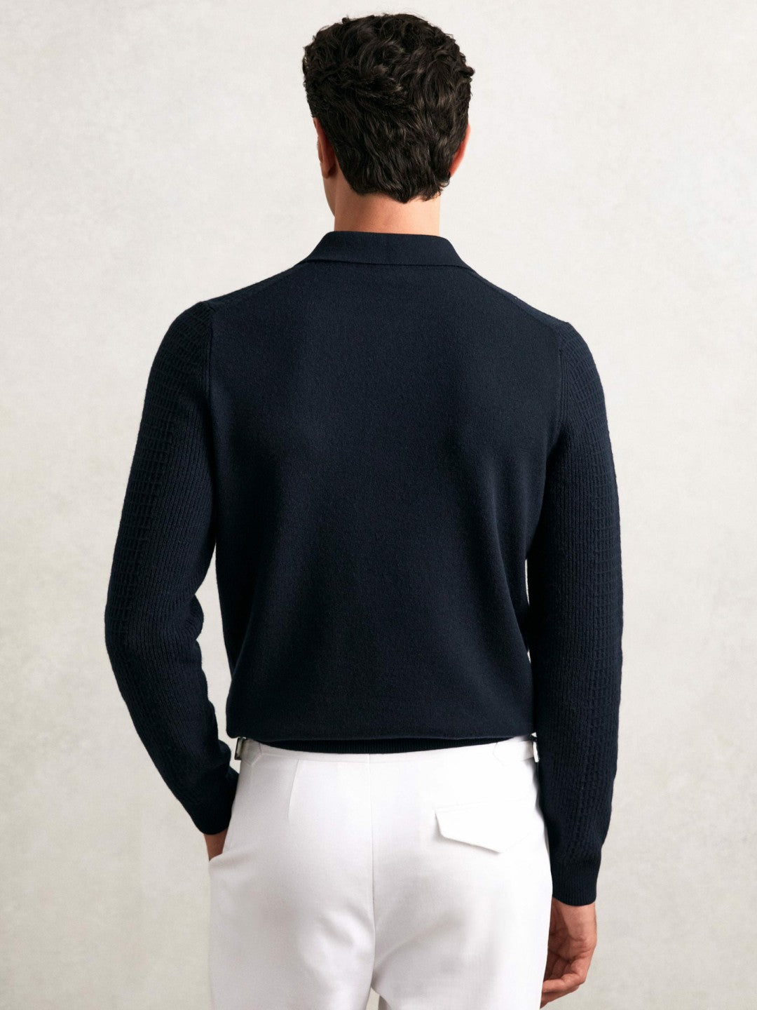 Men Wool Waffle-Knit Half-Zip Polo Shirt in Navy