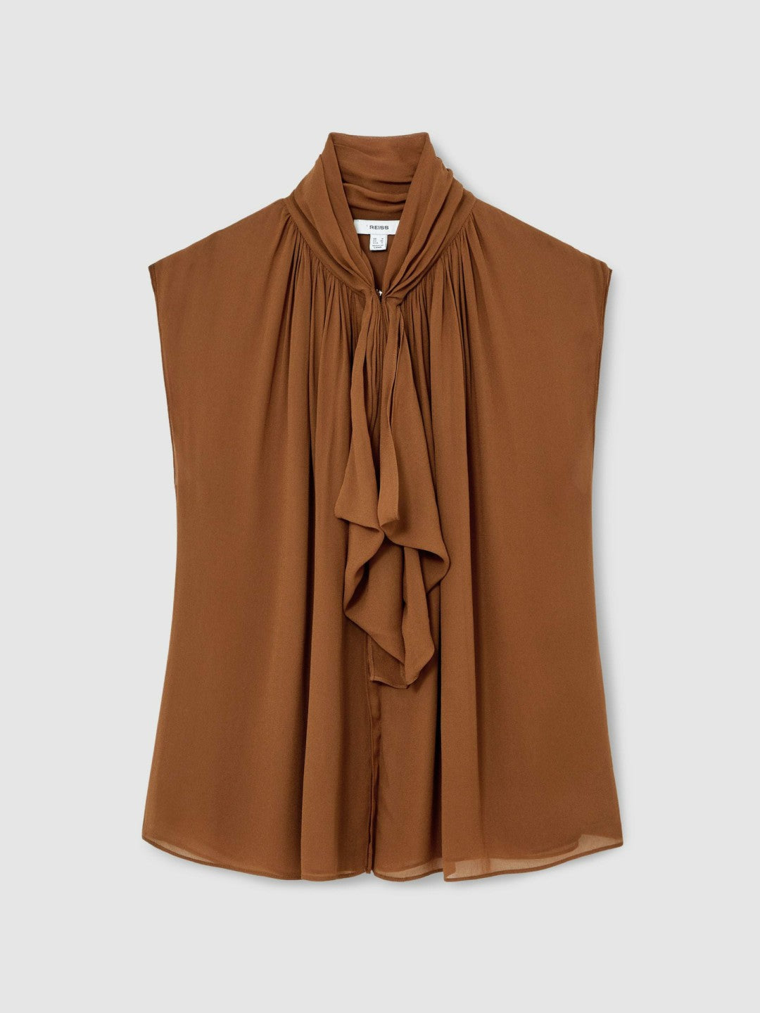 Women Crepe-Chiffon Ruffle Sleeveless Top in Tan Brown