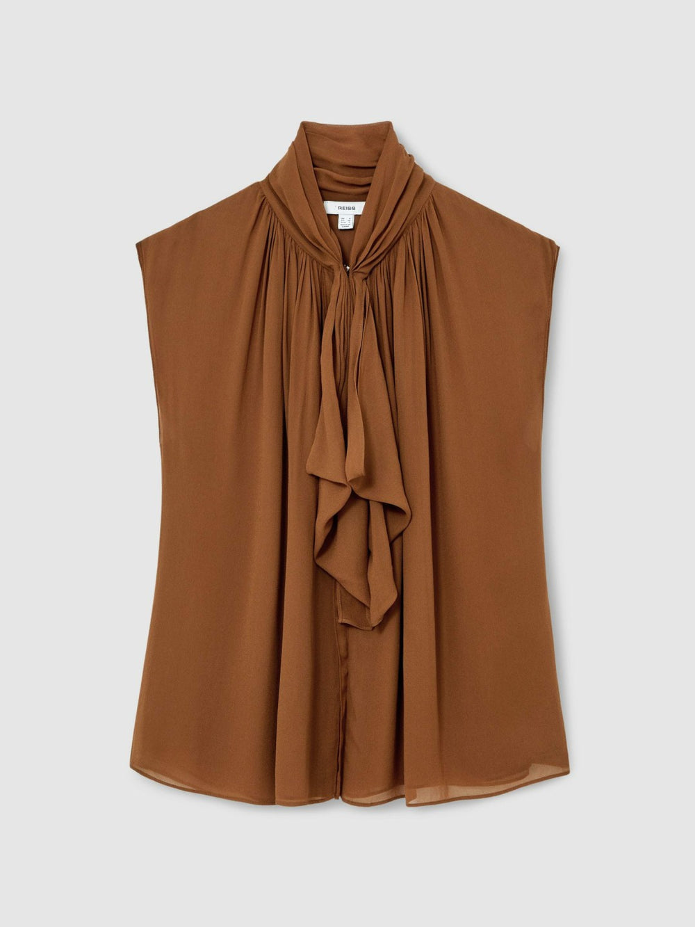 Women Crepe-Chiffon Ruffle Sleeveless Top in Tan Brown