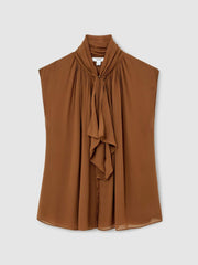 Women Crepe-Chiffon Ruffle Sleeveless Top in Tan Brown