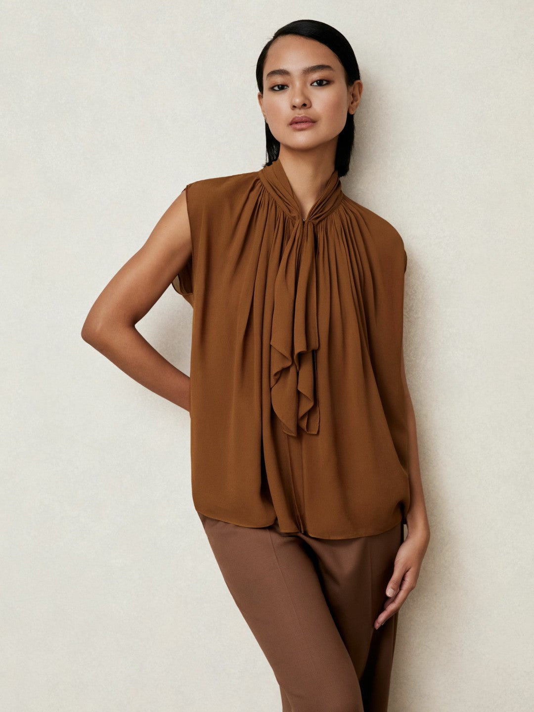 Women Crepe-Chiffon Ruffle Sleeveless Top in Tan Brown