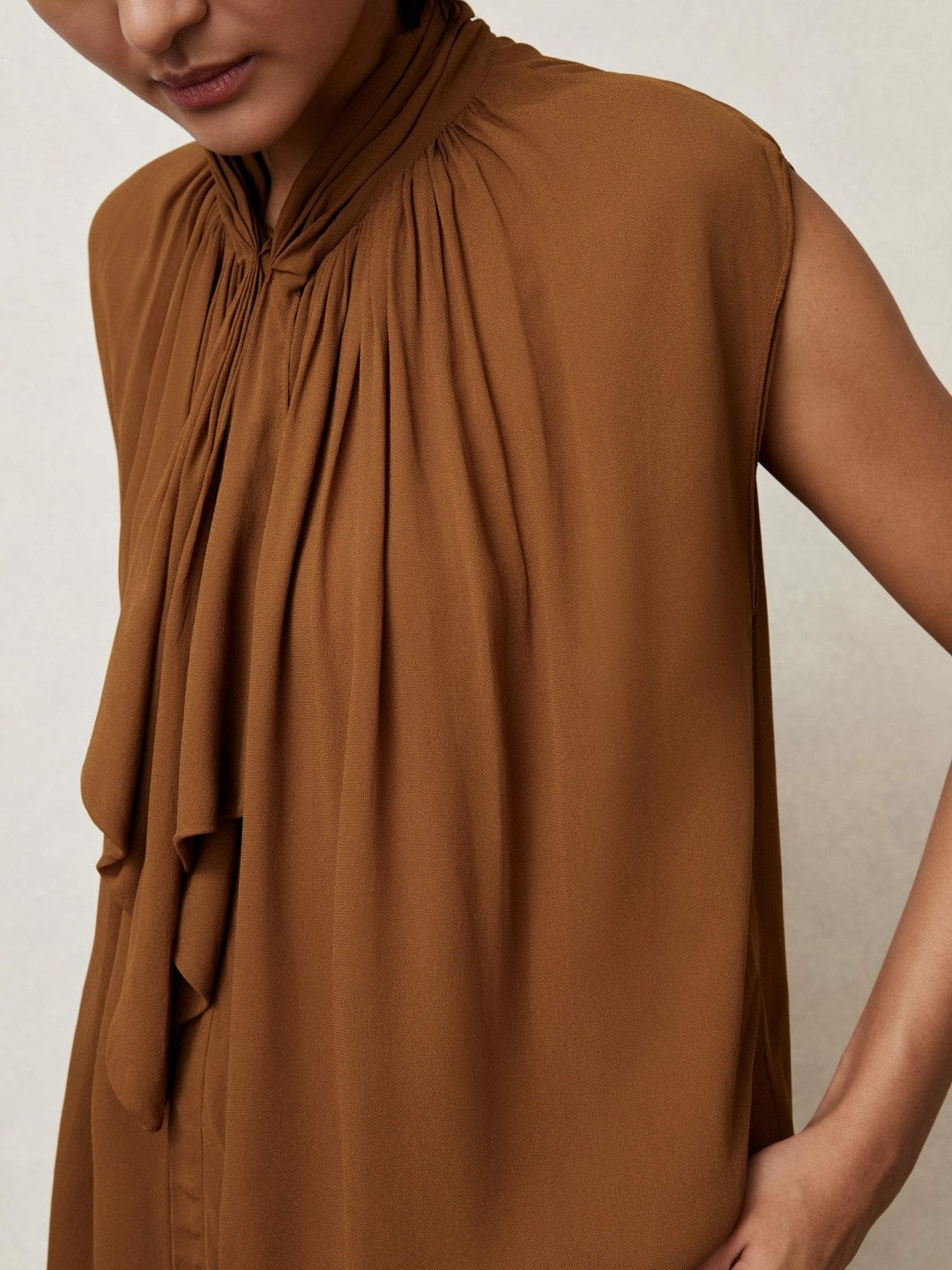 Women Crepe-Chiffon Ruffle Sleeveless Top in Tan Brown