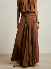 Women Jersey Ruched-Waist Maxi Skirt in Tan Brown