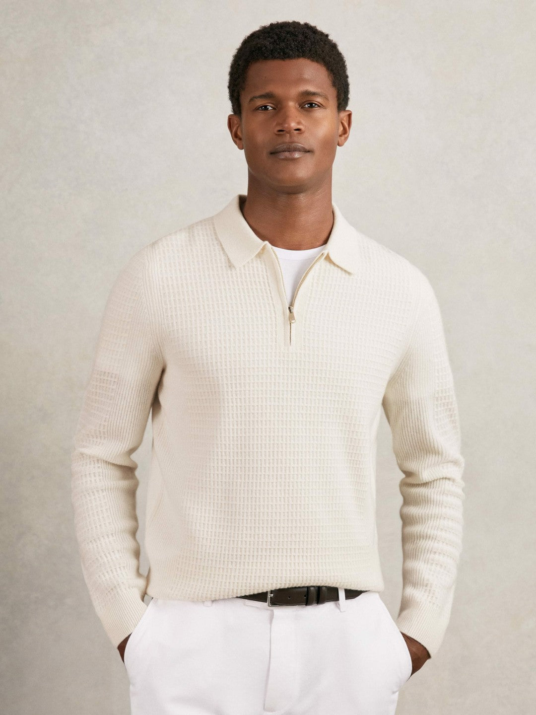 Men Wool Waffle-Knit Half-Zip Polo Shirt in Off White