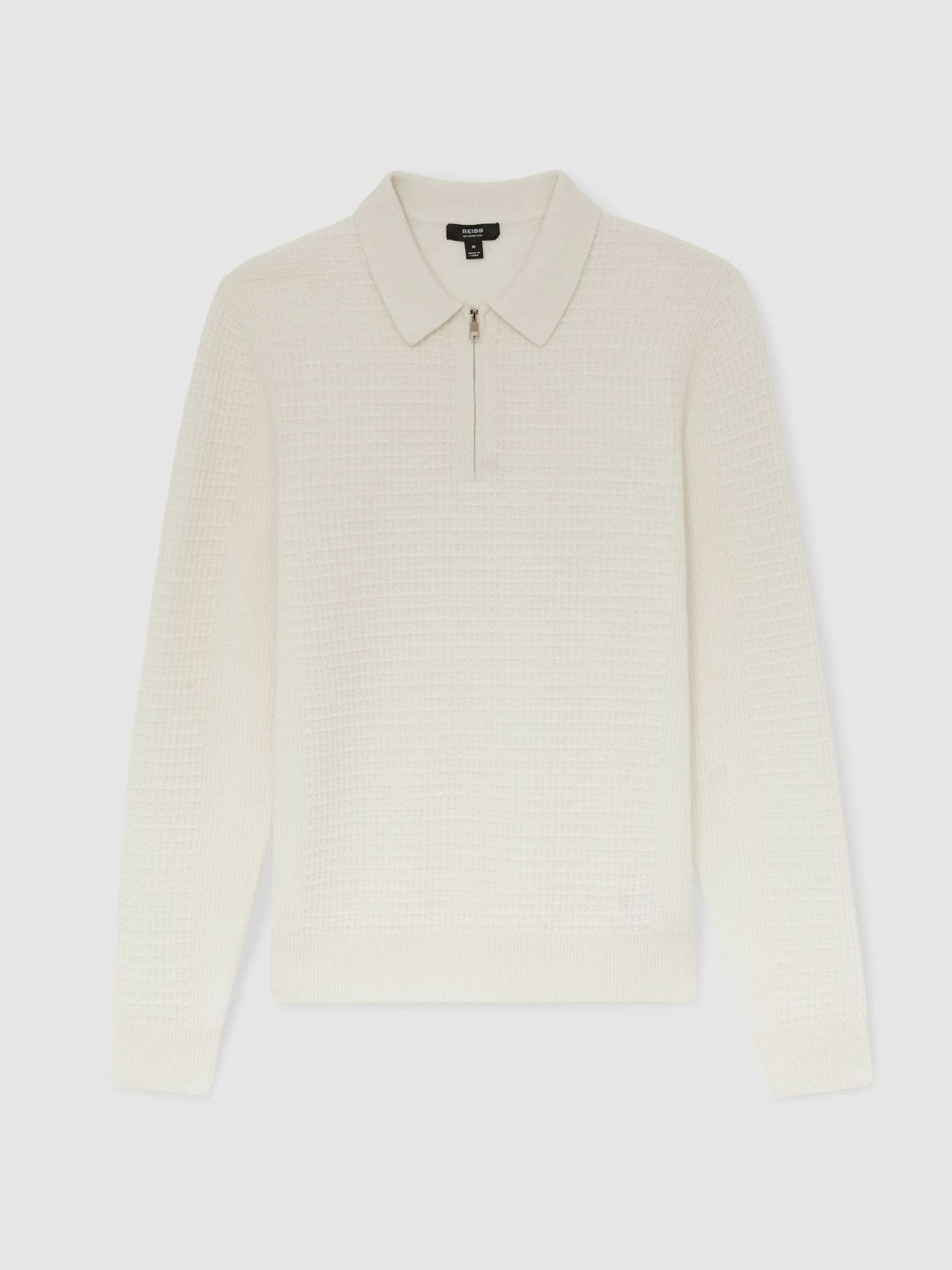 Men Wool Waffle-Knit Half-Zip Polo Shirt in Off White