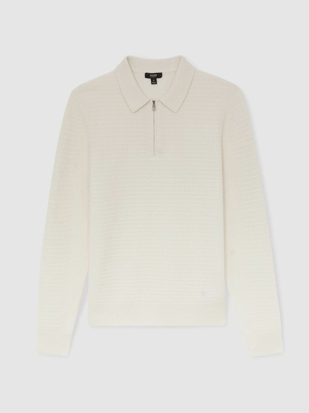 Men Wool Waffle-Knit Half-Zip Polo Shirt in Off White