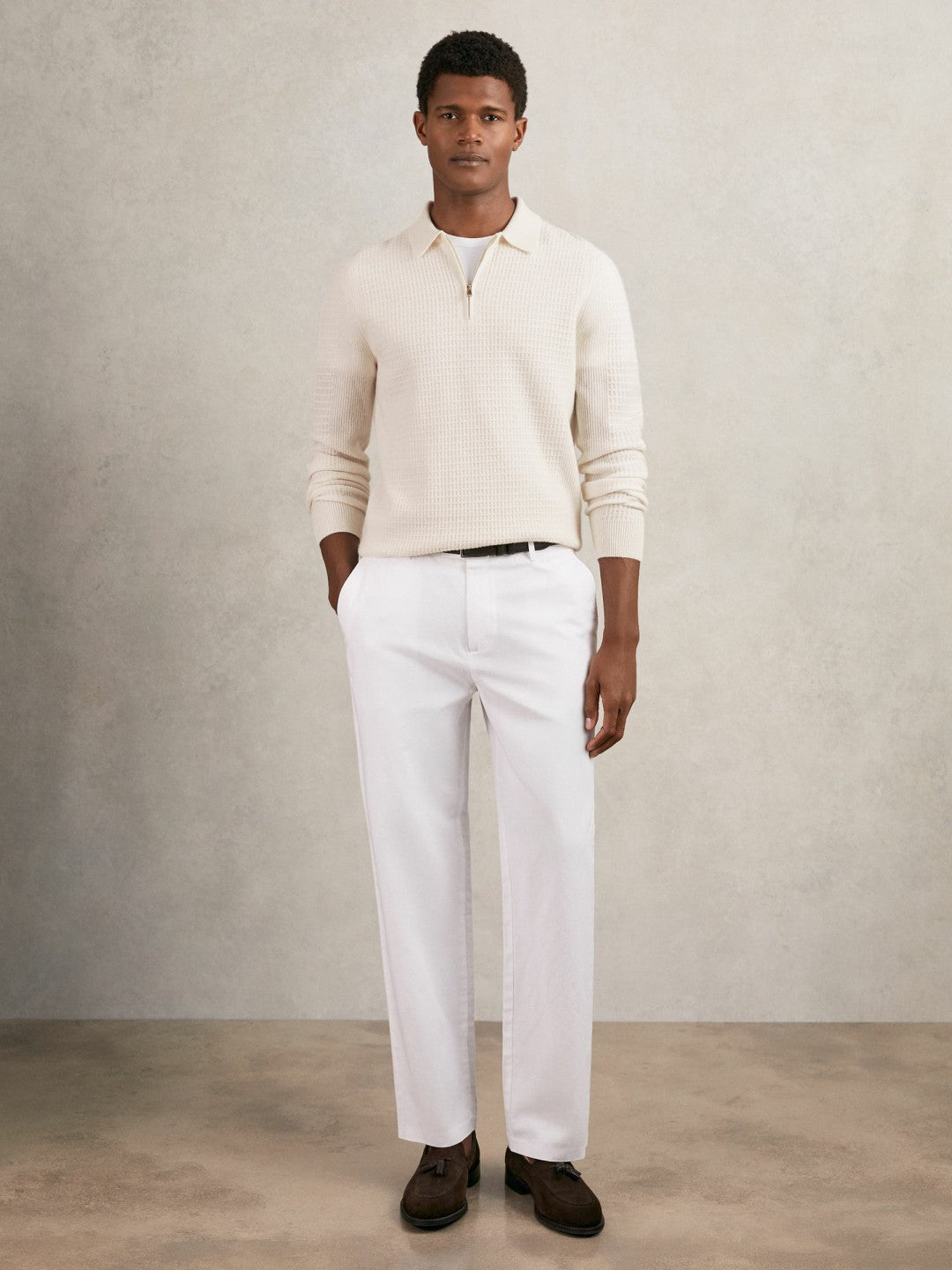 Men Wool Waffle-Knit Half-Zip Polo Shirt in Off White