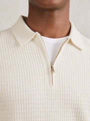 Men Wool Waffle-Knit Half-Zip Polo Shirt in Off White
