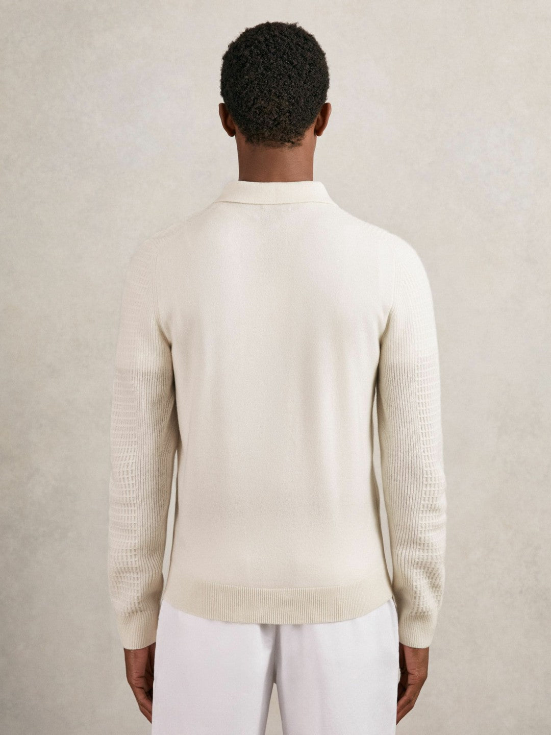Men Wool Waffle-Knit Half-Zip Polo Shirt in Off White
