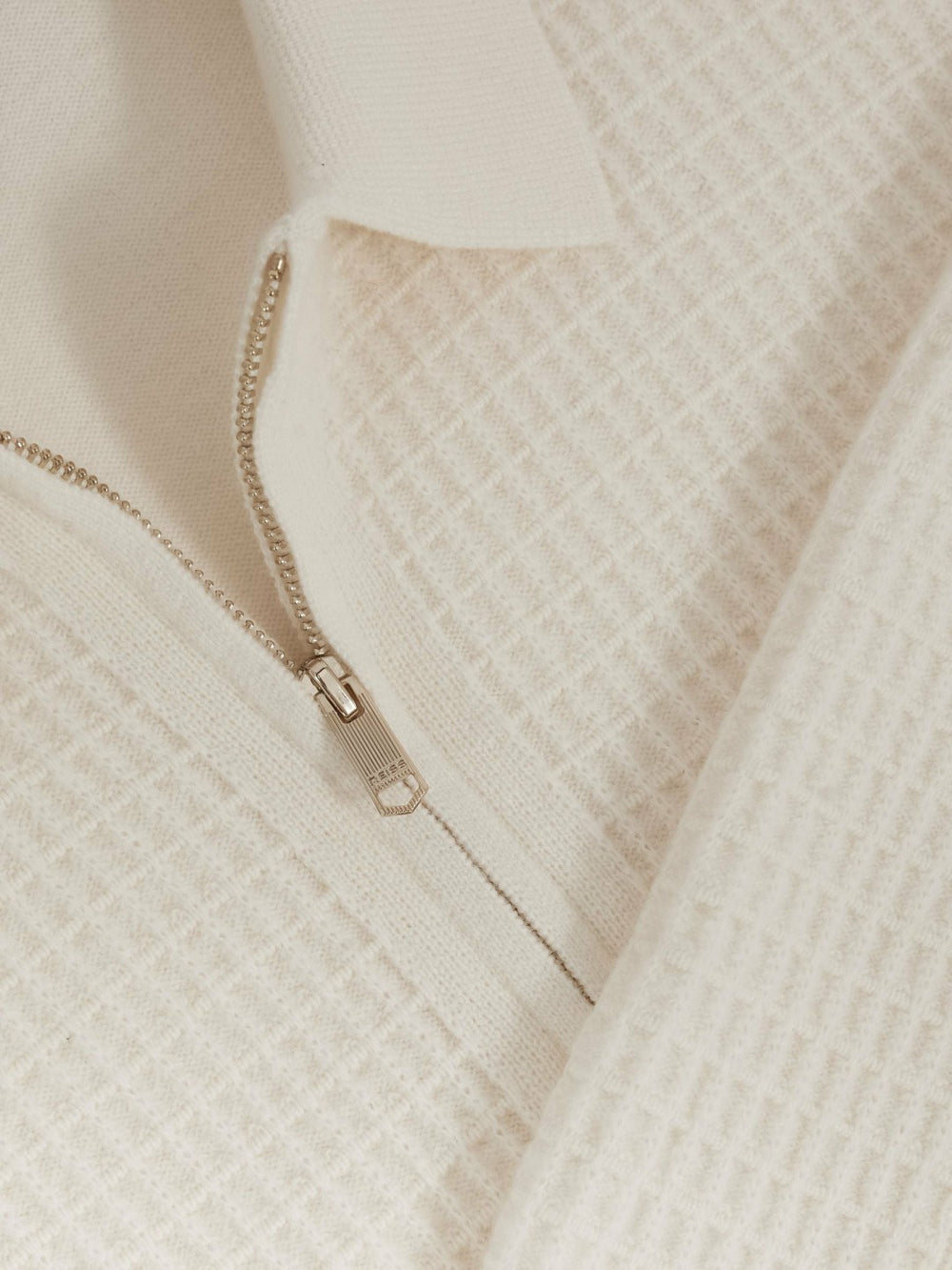 Men Wool Waffle-Knit Half-Zip Polo Shirt in Off White