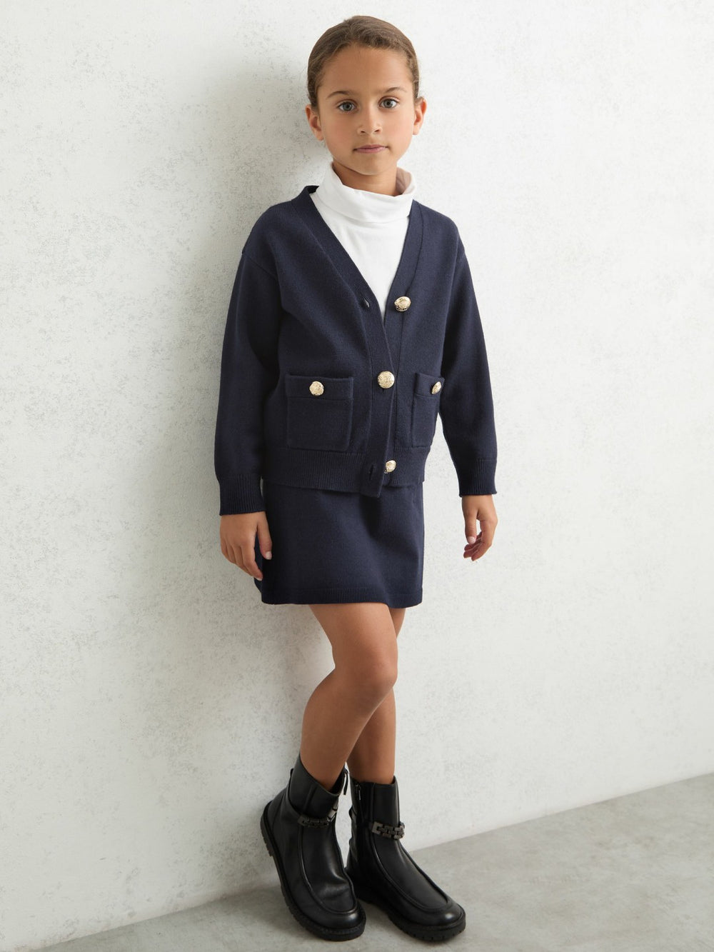 Children & Baby 13-14 yrs Knitted Embossed-Button Cardigan in Navy