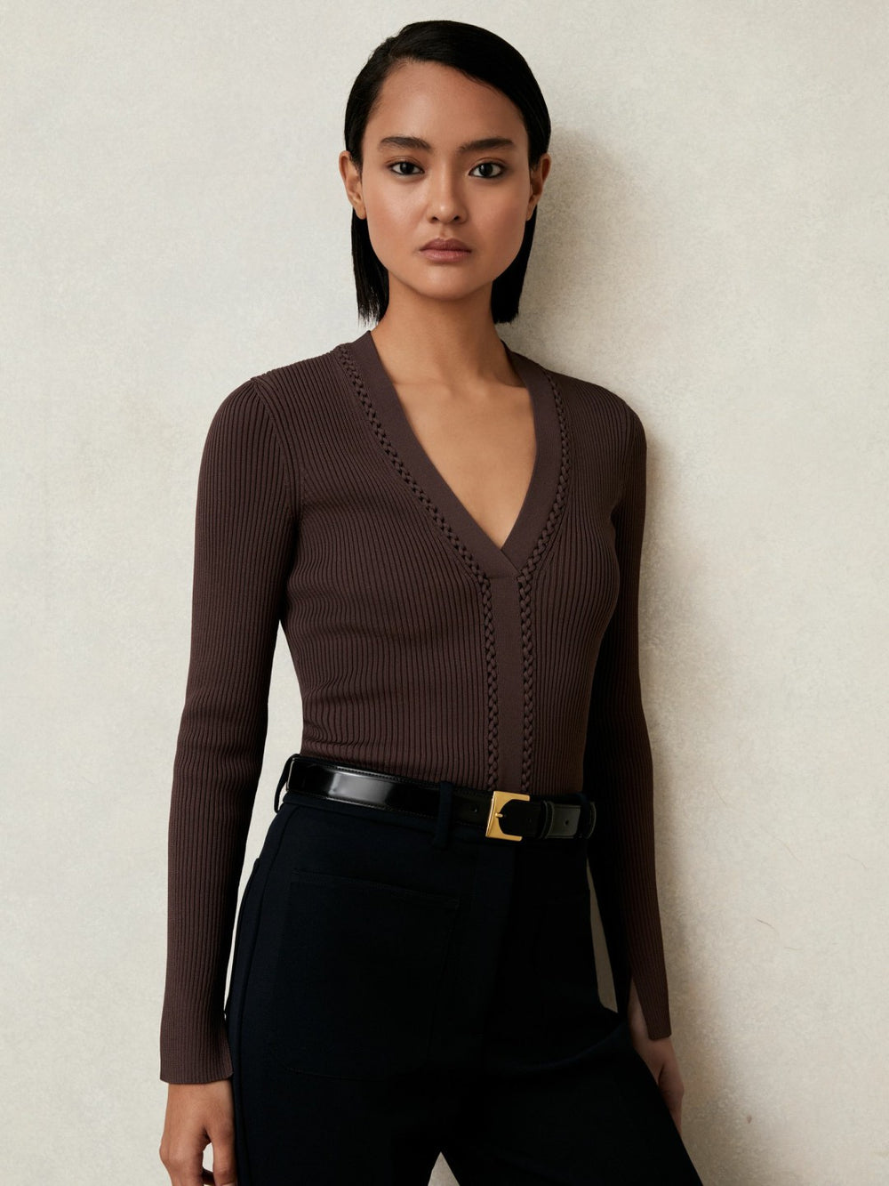 Women Craft-Stitch Rib-Knit Top in Mocha Brown