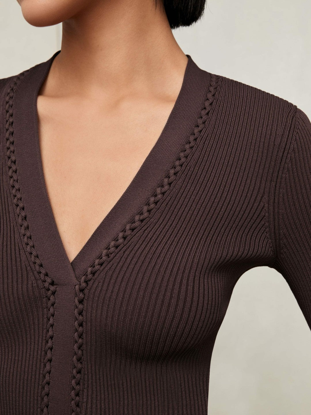 Women Craft-Stitch Rib-Knit Top in Mocha Brown