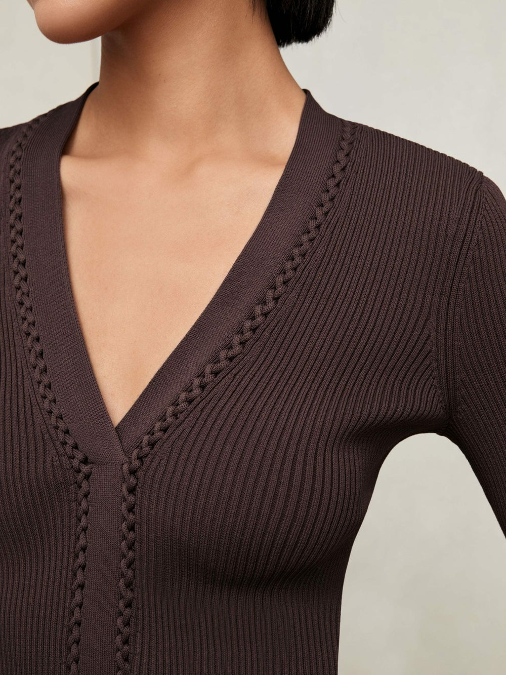Women Craft-Stitch Rib-Knit Top in Mocha Brown