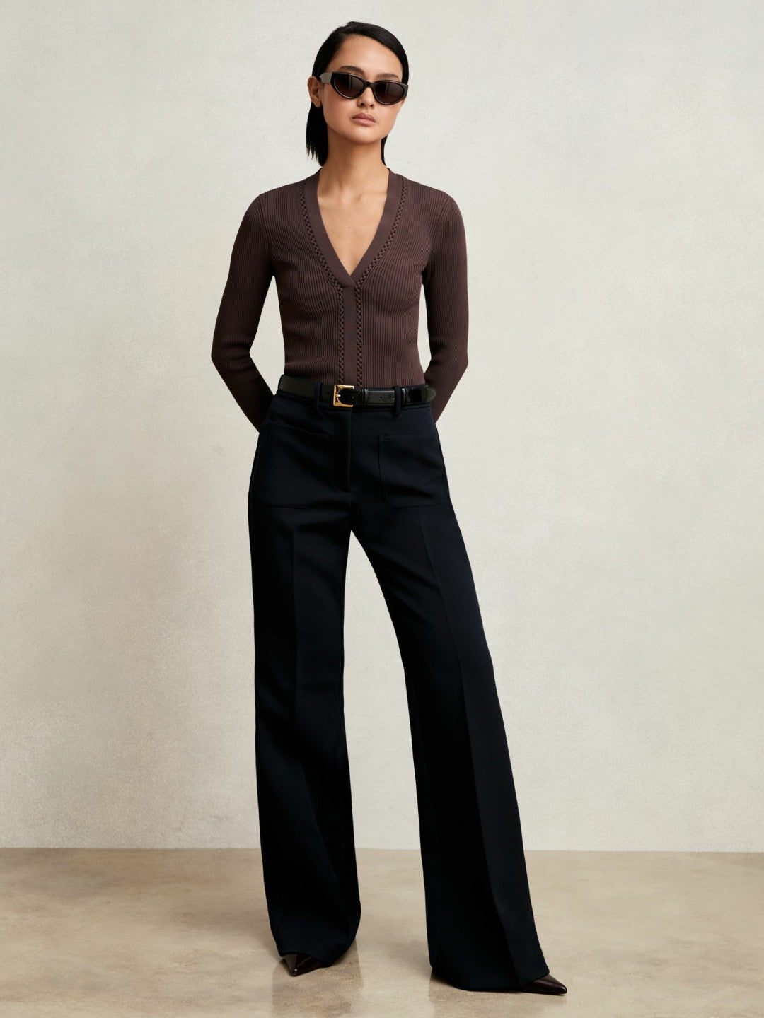 Women Craft-Stitch Rib-Knit Top in Mocha Brown