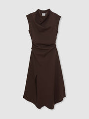 Women Twill-Jersey Draped Midi Dress in Burgundy